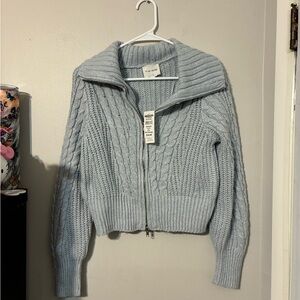 Pink Rose Light Blue Zip-Up Cable Knit Cardigan